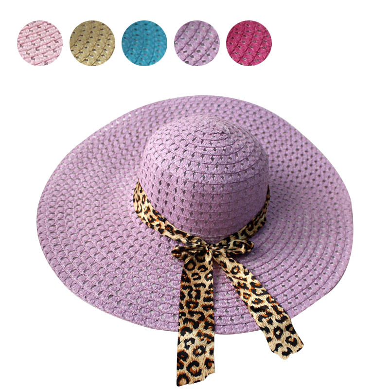 

Women Straw Sun Hat With Leopard Ribbon Wide Brim Floppy Foldable Cap Summer Beach Sunhat LXH, Sky blue