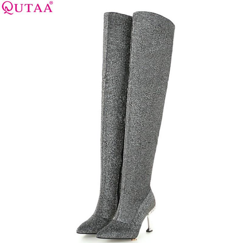 

QUTAA 2020 Women Over The Knee High Boots Winter Shoes Thin High Heel Pointed Toe Ladies Motorcycle Boots Big Size 34-43, Black