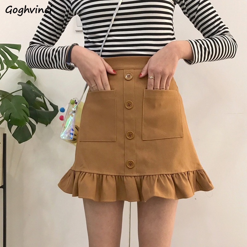 

Skirts Women High-waist A-line Ruffles Chic Buttons Slender Solid Elegant Students Ulzzang Harajuku Fashion Womens Faldas Retro, Black