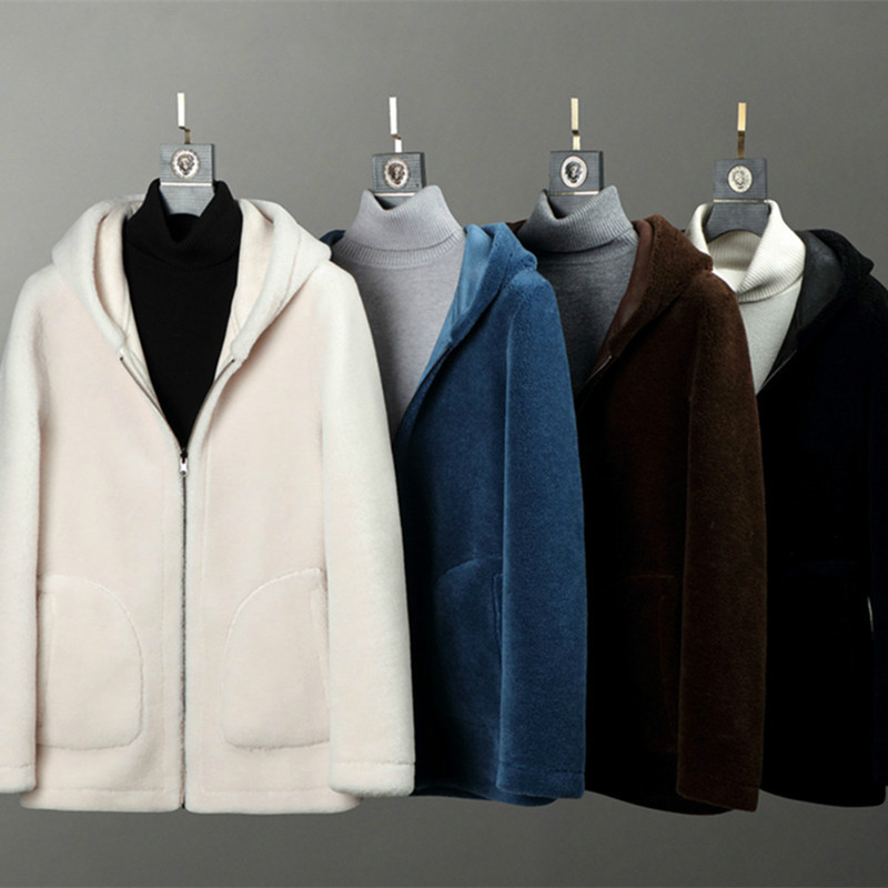 

Real Fur Coat Men 2020 Autumn Winter Double-sided Wear Jacket Male Hooded Sheep Fur Coat Chaqueta Cuero Hombre 902 YY314, Black