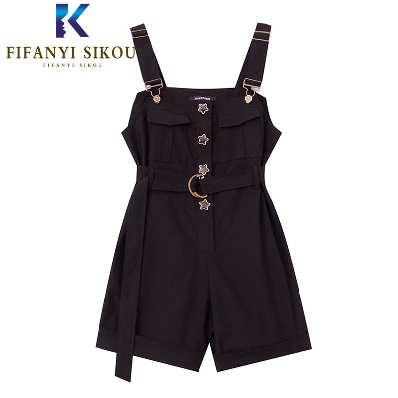

Black Jumpsuits Women Suspenders Jeans Shorts Button Pocket Loose Sleeveless Rompers With Belt Lady 2020 Summer Overalls Shorts