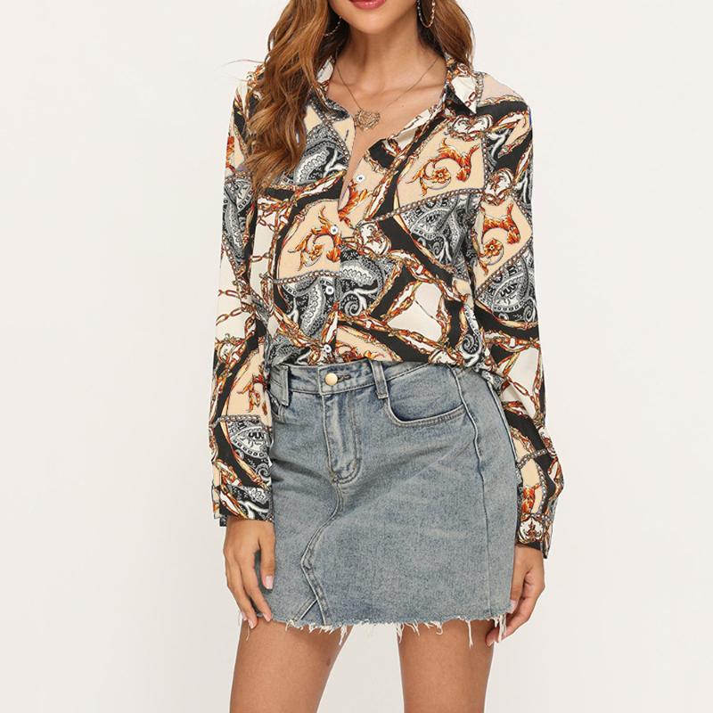 

Autumn Fashion Shirt Vintage Print Chiffon Long Sleeve Lady Shirt Casual Turn Down Colar Office Women Plus Size Blouse, Blue