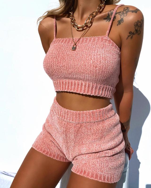 

New Solid Color Knit Sets Women' Shorts Suit Fashion Female Sportswear Sling Camis Crop Tops Elastic Waist Shorts Two Piece Set, Beige