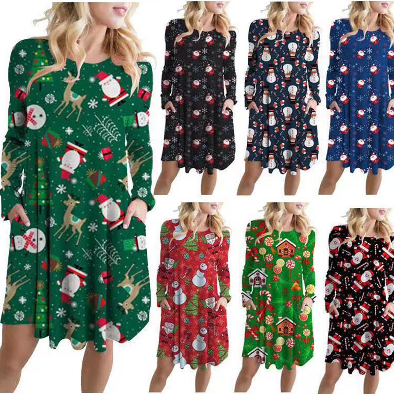 Women Christmas Dress Autumn Long Sleeve Print Dresses Ladies Round Collar Fetival Dress Loose Plus Size Christmas Dresses 050904-image-580437682