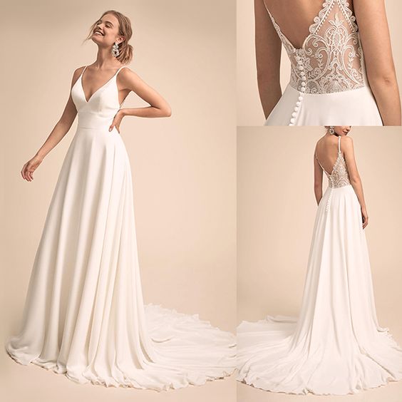 

Simple & Charming V-neck Neckline Wedding Dress With Lace Back Bridal Dress vestido de festa de casamento, White