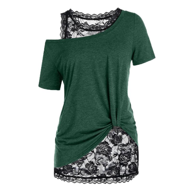 

Plus Size 5XL Blouse Women Top Shirts Contrast Colors Sexy Skew Neck Short Sleeve Blusas Lace Stitching Knotted Off-Shoulder Top, Gray