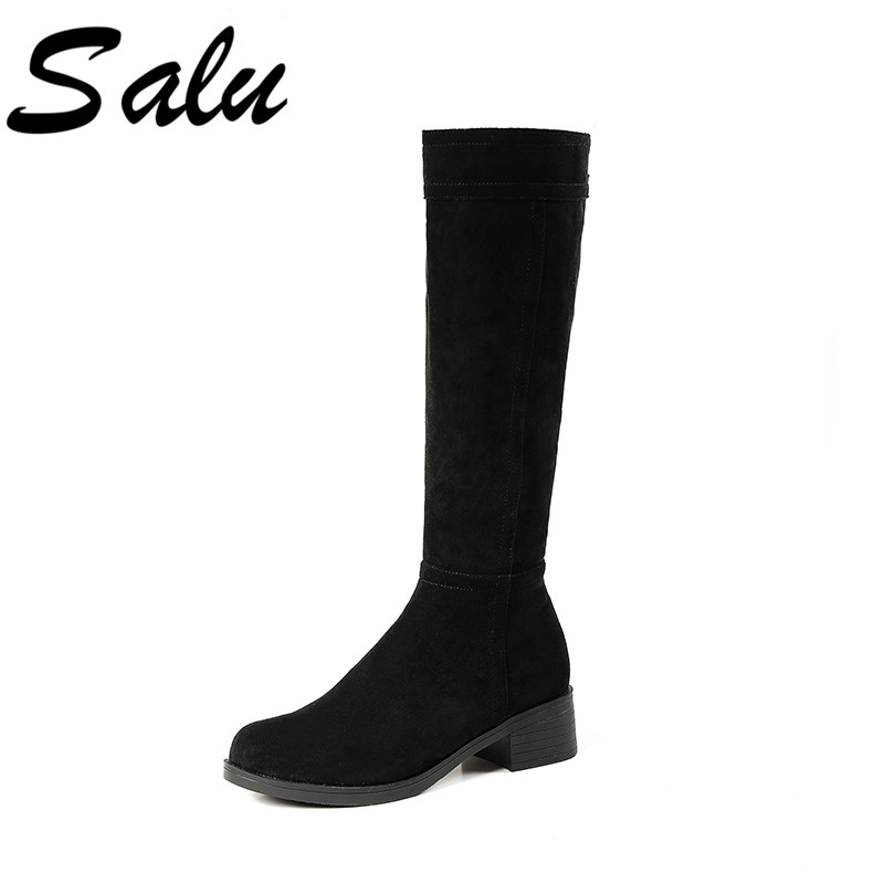 

Salu Fashion Women Knee High Boots Long Slip-on Autumn Winter Ladies Shoes Woman High Heels Cow Suede Knight Boots, Black