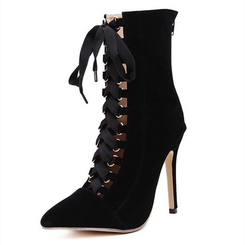 

Whoholl 2020 Punk Women Ankle Boots Spring Gladiator Short Boots Strappy Lace Up Pointed Toe Stilettos Boot Sandals Pumps 12CM