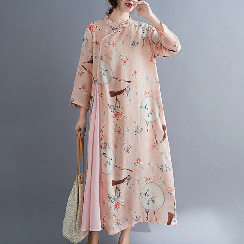 

2020 New Arrival Long Sleeve Autumn Dress Print Floral Stand Collar Chinese Style Vintage Dress Cotton Linen Women Casual, Blue