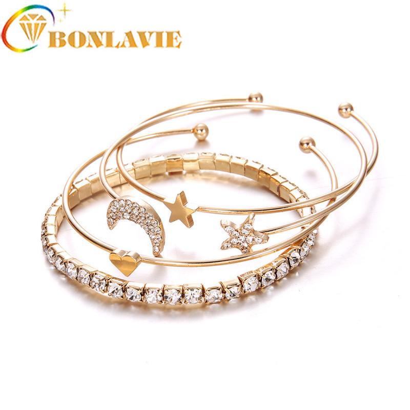 

Newest Geometric Crystal Star Moon Heart Bracelets For Women Fashion Alloy Gold Color Bangles Jewelry Party Gifts 4 Pcs/Set