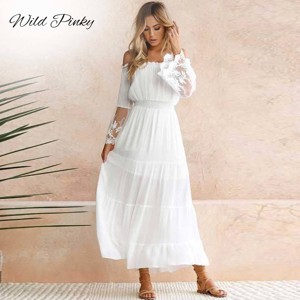 

WildPinky Summer Sundress Women White Beach Dress Strapless Long Sleeve Loose Sexy Off Shoulder Lace Boho Chiffon Maxi Dress 200928