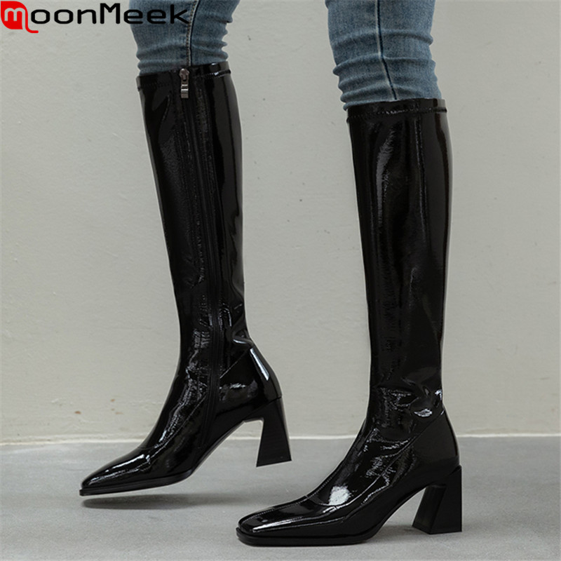 

MoonMeek 2020 Knee high boots genuine leather black color ladies shoes winter black color simple fashion women boots, Black cowhide