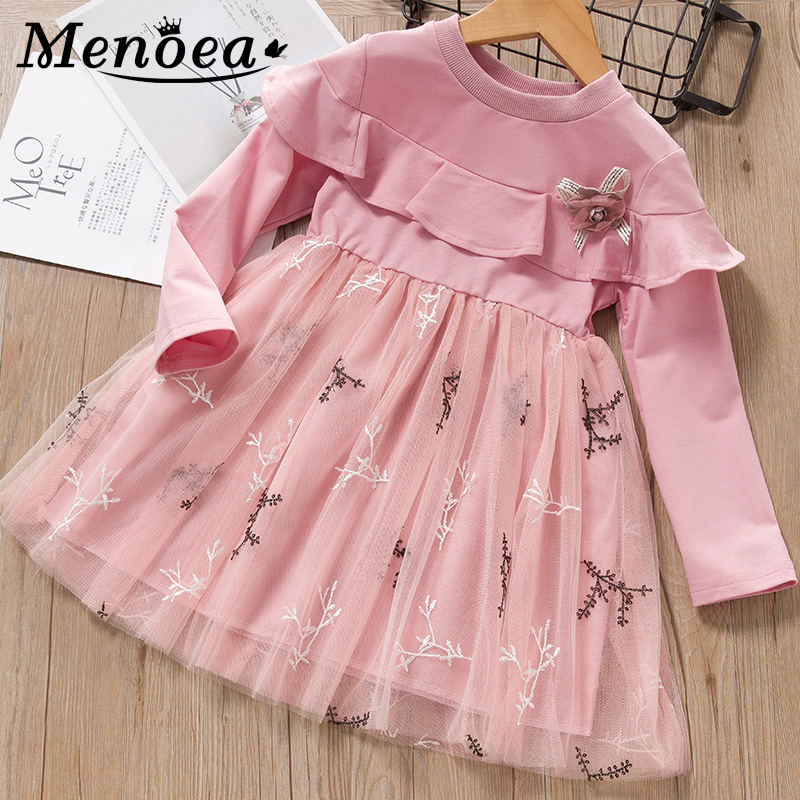 

Menoea Girls Dress Fall Kid Dresses Flower Pink Princess Dress Kids Long Sleeve Children Clothing Embroidery Mesh Clothes, Ay474 gray