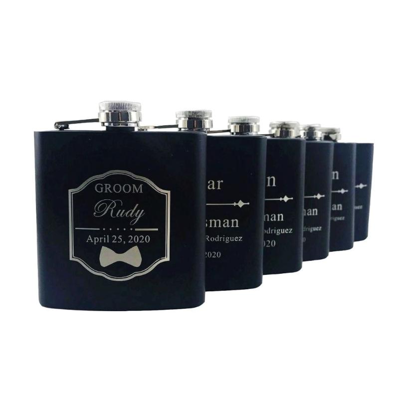 

6pcs Personalized Engraved 6oz black stainless steel hip flask Wedding Favors Best Man gift Groom gift