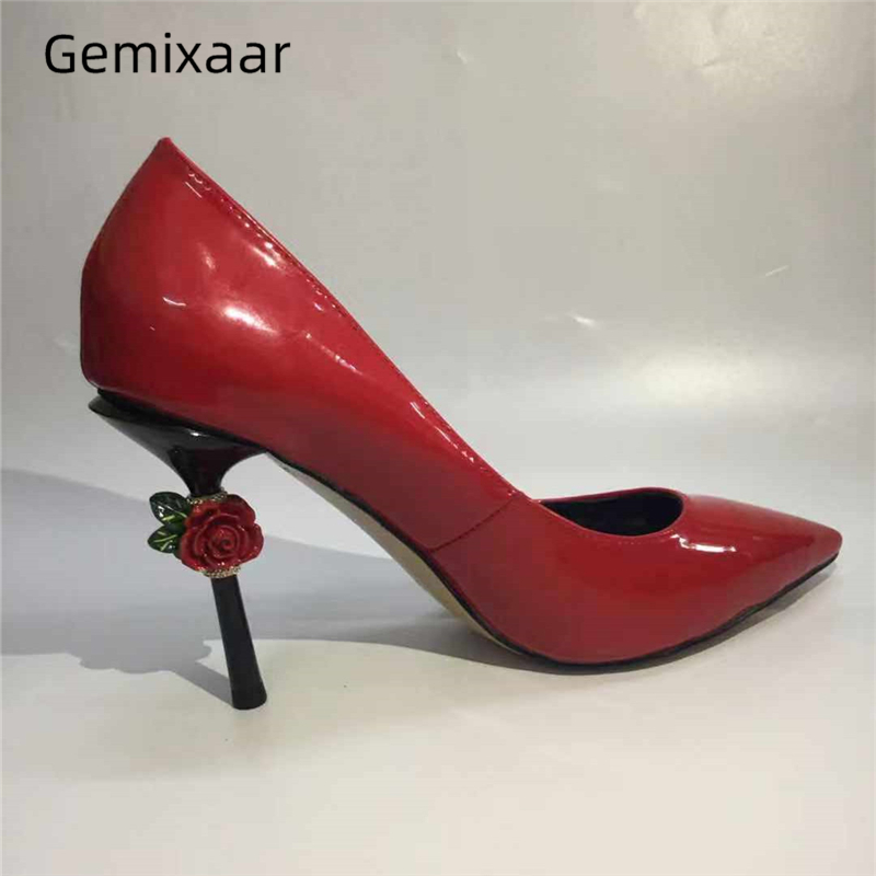 

Carved Rose Flower Heel Dress Shoes Woman Bright Genuine Leather Pointed Toe Slim Party Shoes Strange Heel Pumps Women, Black