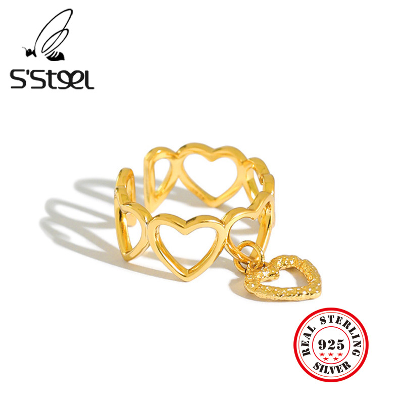 

S'STEEL Korean Rings 925 Sterling Silver For Women Heart-shaped Gold Love Opening Ring Anillo De Plata De Ley 925 Mujer Jewelry
