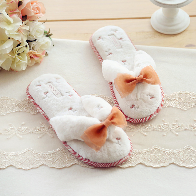 

New Arrival Spring Cherry And Strawberry Bowknot Women Slippers Non-slip Indoor Flat With Women Home Shoes, Pink