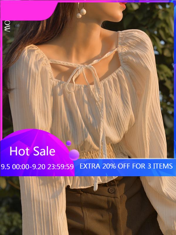 

MISHOW 2020 Auttumn Blouses For Women Solid Square Neck Fashion Sexy Long Sleeve Casual Tops Slim Female Clothing MX20C4706, Black