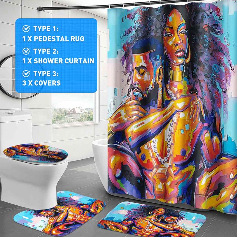 

Graffiti Couple Pattern Home Bathroom Shower Curtain Lid Toilet Cover Bath Mat Pedestal Rug Anti Mold Non Slip with 12 Hooks