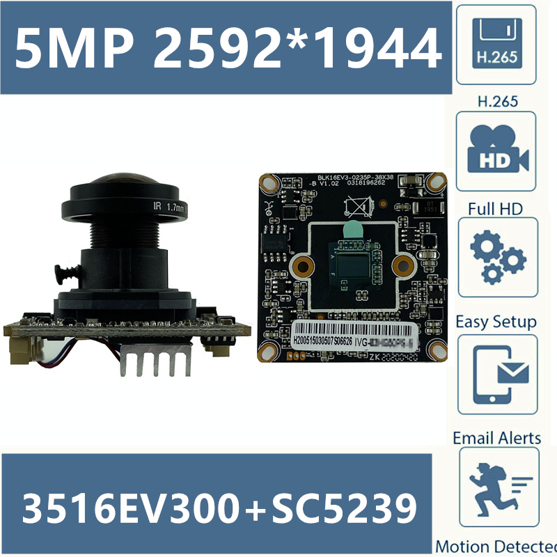 

Panorama 3516EV300+SC5239 5MP 2592*1944 IP Camera Module Board with Lens H.265 Low illumination IR-Cut CMOS Onvif CMS XMEYE P2P