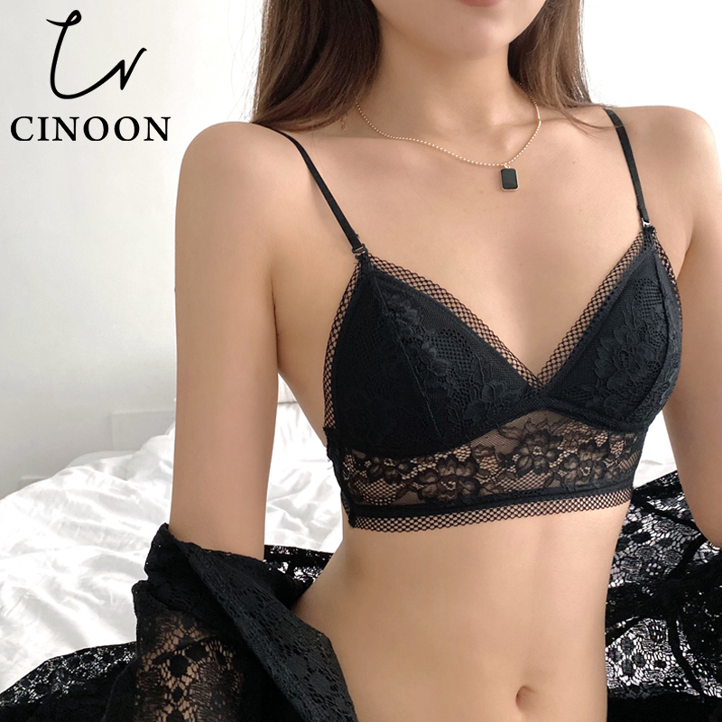 

CINOON Sexy Backless Strapless Bra Push Up Bras Brassiere Low Back Underwear multi-wear halter Lace Bralette Dots Mesh Lingerie, Black