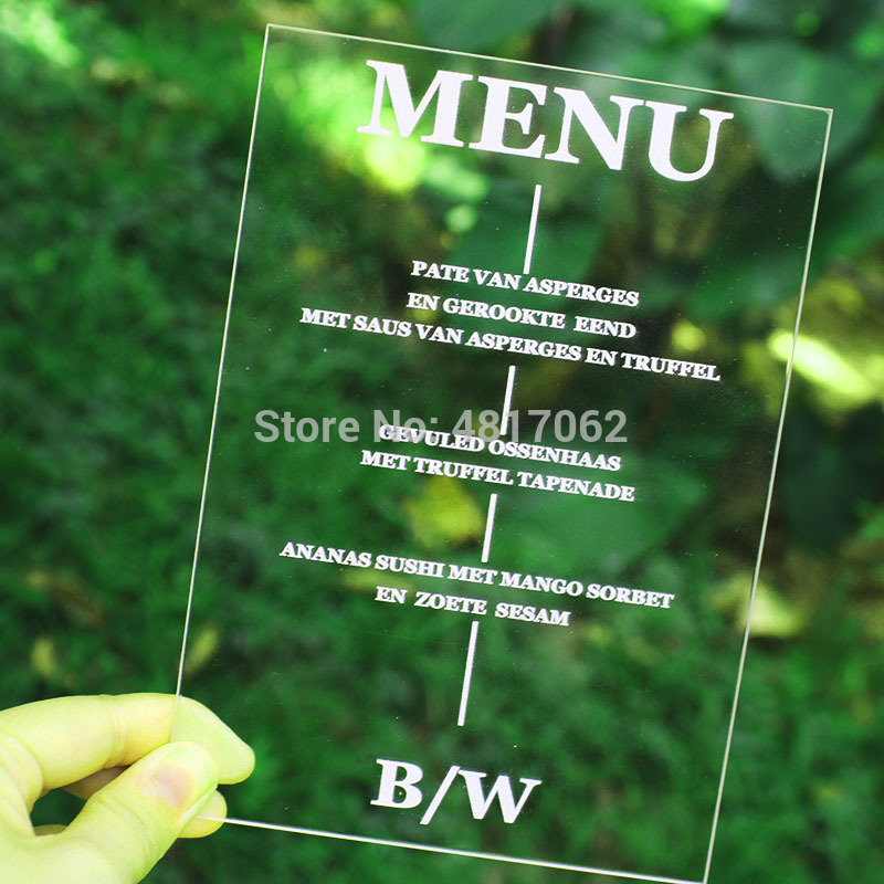 

Personalised Wedding Menu, Personalised Acrylic Wedding Menu, Clear Perspex Table Any Event Personal