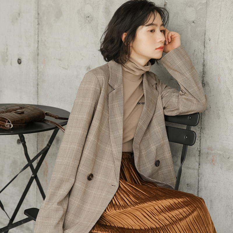 

2020 Autumn Women Vintage Plaid Blazers Coats Notched Collar Double Breasted Office Lady Elegant Jackets Vogue Streetwear Suit, Brown