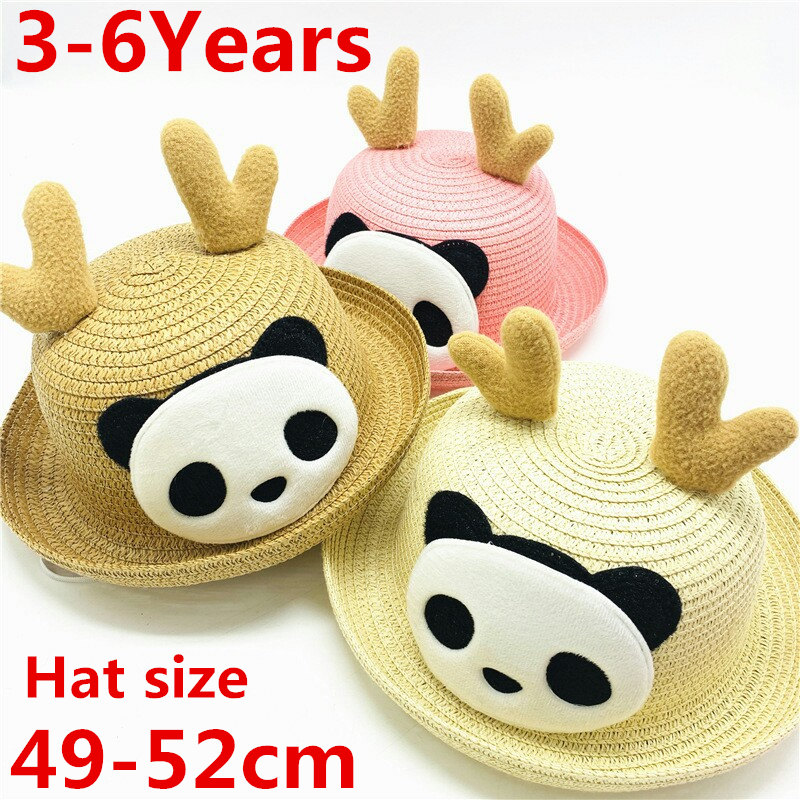 

Gorro Children Straw Hat Cute Summer Ear Decoration Sun Hats for Kids Girls Boys Solid Floppy Beach Cap Panama, Khaki