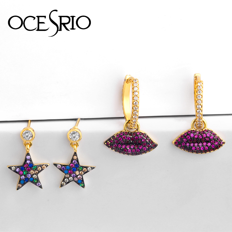 

OCESRIO Cubic Zirconia Vintage gold earrings ladies lip star hoop Punk Drop earrings for women Luxury wedding jewelry ers-q28