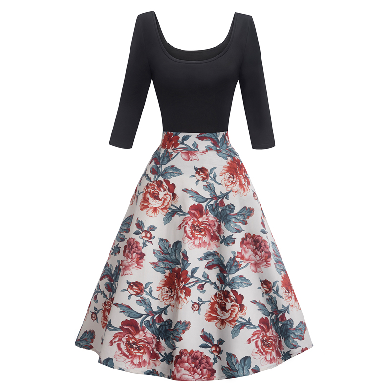 

Dress Women 2020 New Vintage Floral Printed Square Collar Ladies Dresses Autumn Three Quarters Sleeve Backless Vestidos, As picture
