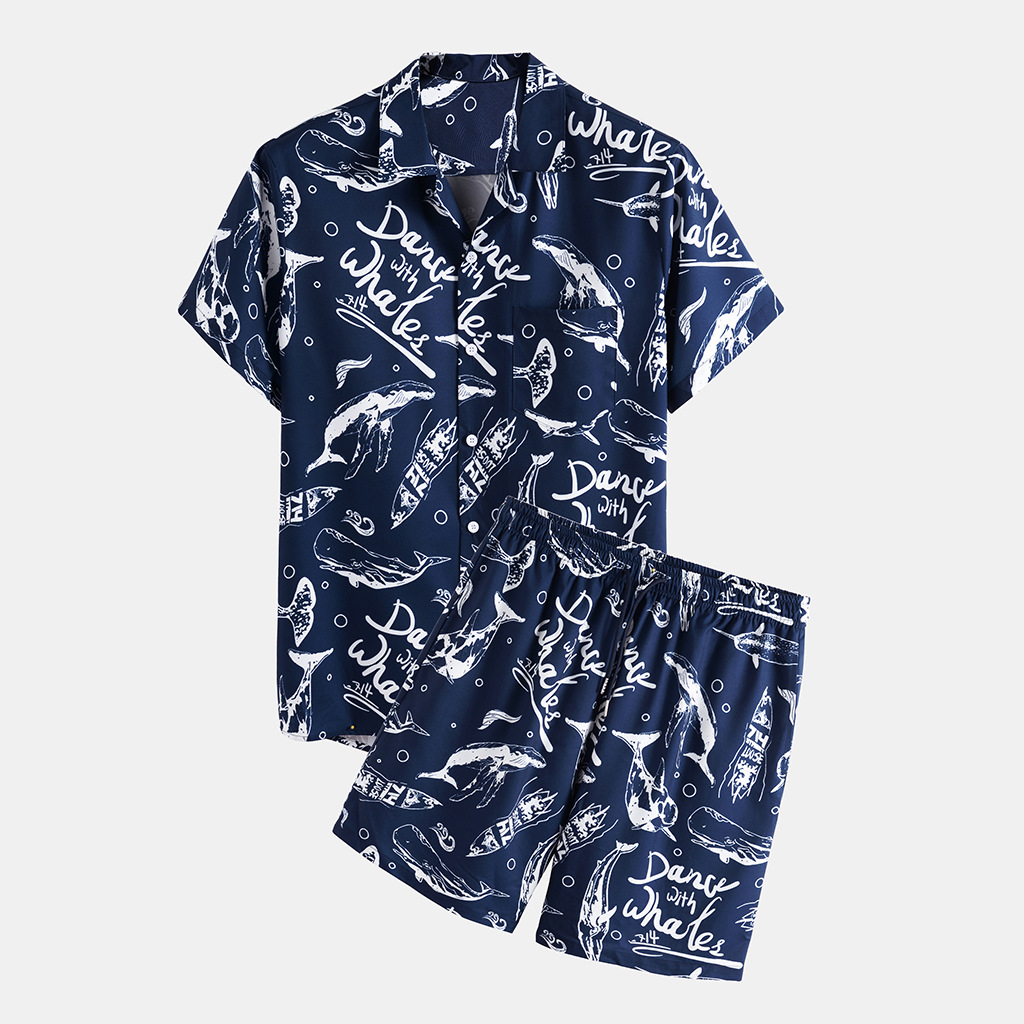 

E-Baihui 2020 European and American New Men' Summer Suit Short-sleeved Lapel Top Fashionable Casual Printing Suit T0660, Blue