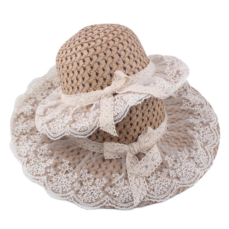 

2pcs Parent Fashionable Summer Sun Hats Ladies Women Casual Bowknot Lace Ribbon Straw Hats Visor Cap For Holiday Seaside #T2G, Khaki