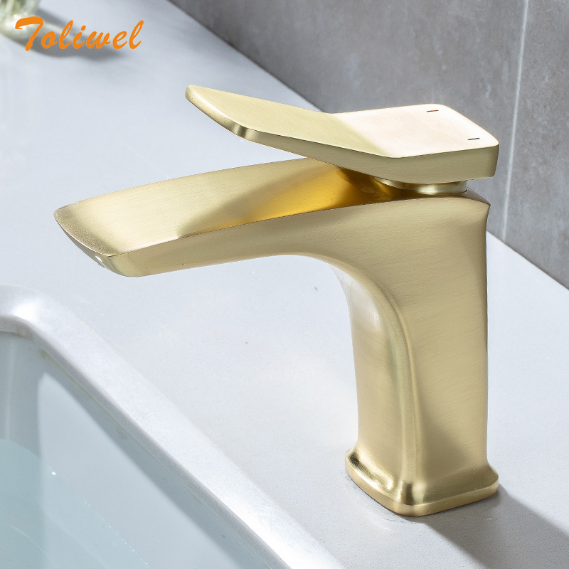 

Solid Brass Bathroom Basin Faucet Mixer Taps Deck Mount Single Hold Faucets Brushed Gold