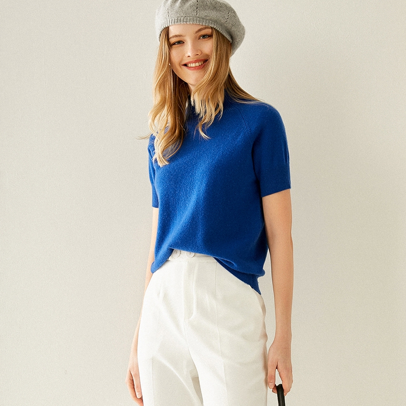 

100% pure cashmere short-sleeved pullover for women with loose semi-turtleneck top knit bottom new cashmere sweater, Blue