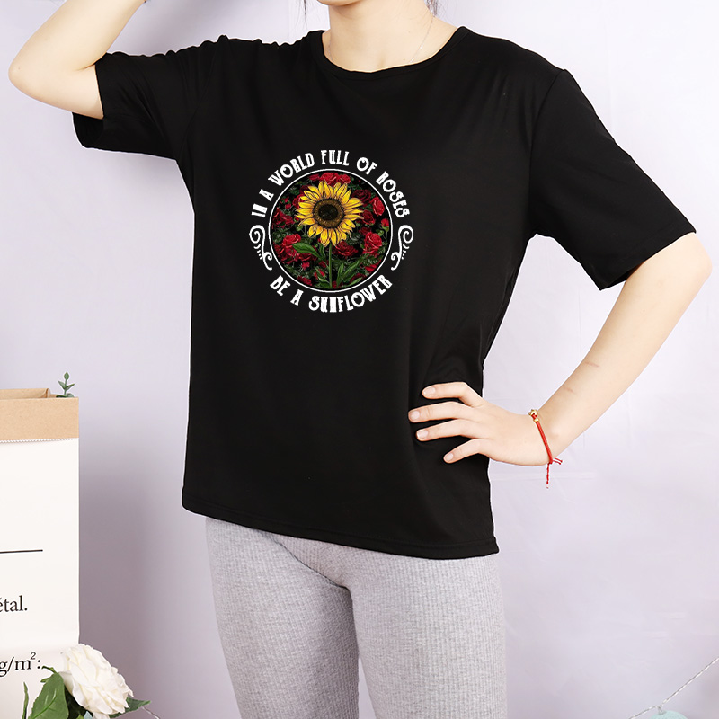 

Womens DIY T-Shirts Fashion Women Sunflower & Letters Printed Shirts Breathable Casual Women Custom Tops Tee 3 Colors Plus Size -4XL A760, Black