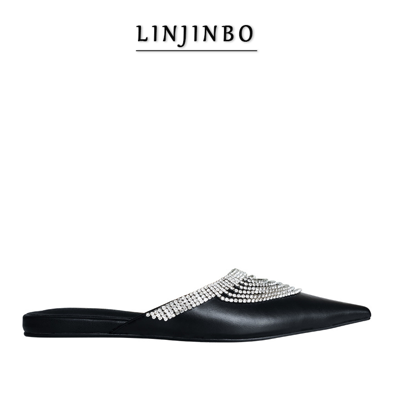 

Bright Diamond Tassel Decoration Mules Slippers Women 2020 New Pointed Toe Elegant Temperament Flat Women Shoes Autumn, Black