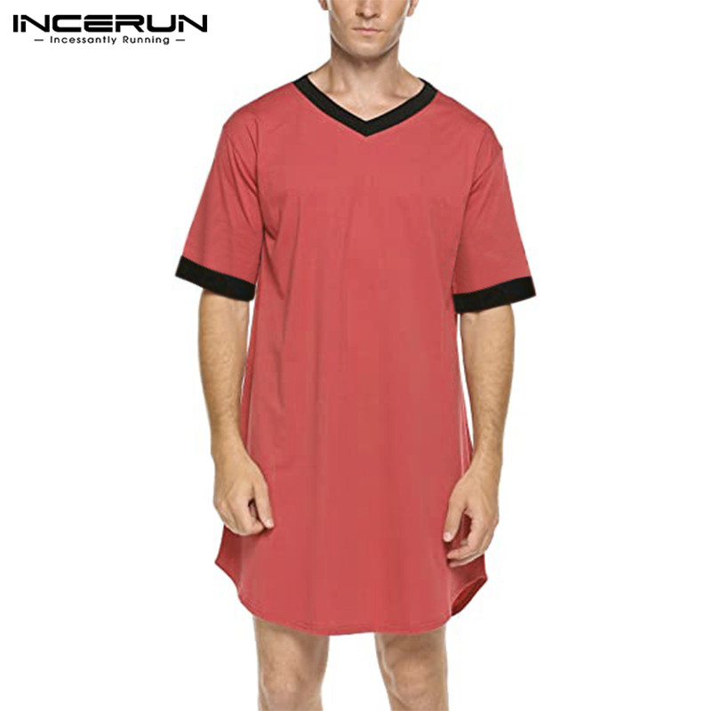 

INCERUN Men Sleep Robes Short Sleeve V Neck Nightgown Patchwork Comfortable Homewear Fashion Loose Mens Bathrobes Dressing Gown, Black