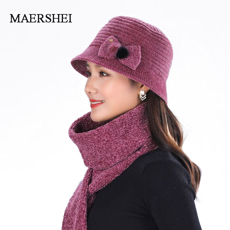 

MAERSHEI Bow Knitted Hat Female Solid color Scarf and Hats Womens Winter Thick Warm Beanies Ms. Middle Age Caps, 3 color