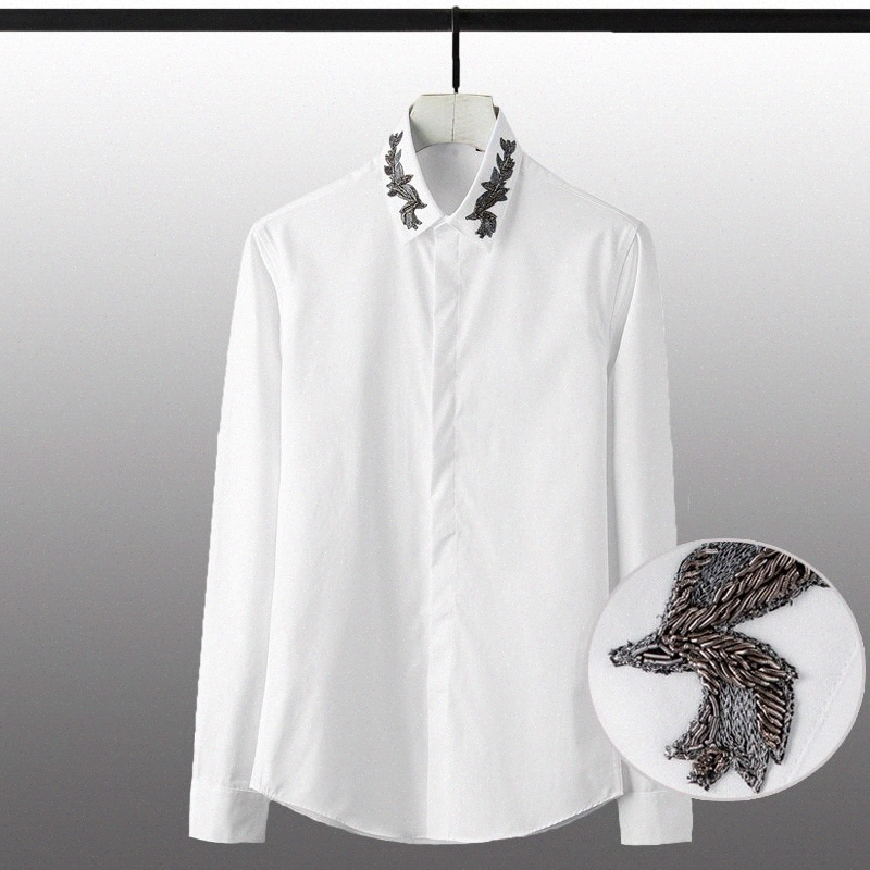 

lu Cotton Mens Shirts Luxury India Wire Embroidery Collar Long Sleeve Mens Dress Shirts Plus Size 4xl Solid Color Man Zcfw#, White