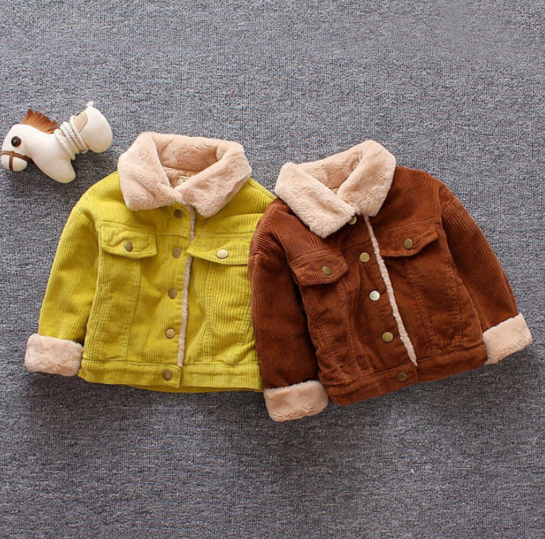 

Fashion baby kids coat boys corduroy long sleeve casual outwear girls faux fur thicken warm jacket children winter clothes A4035, Yellow