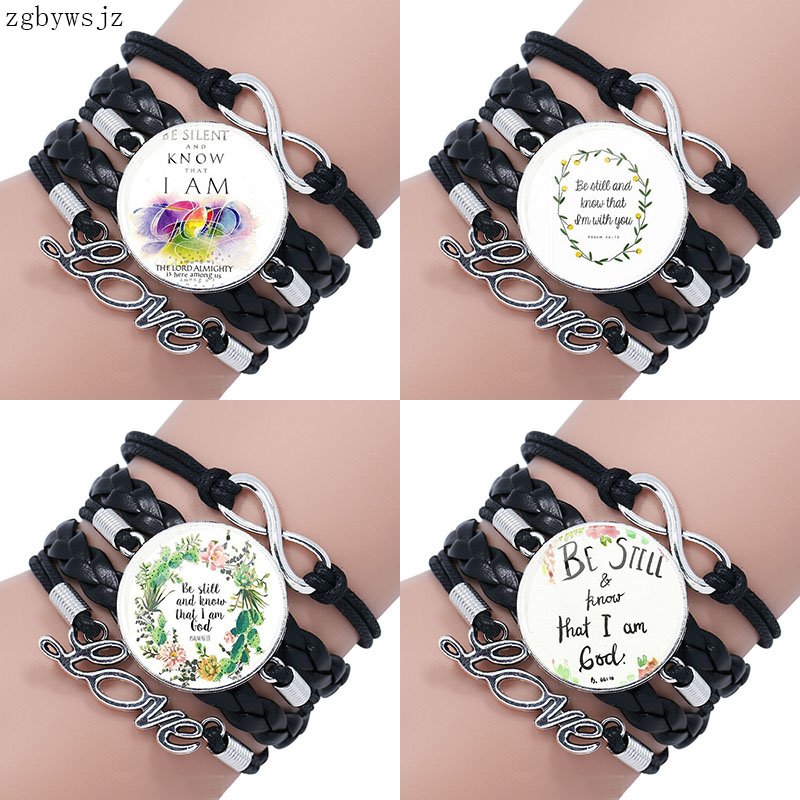 

Fashion Jewelry Glass Cabochon Multilayer Black Leather Bracelet Bangle Women Bible Verse Art Be Still and Know