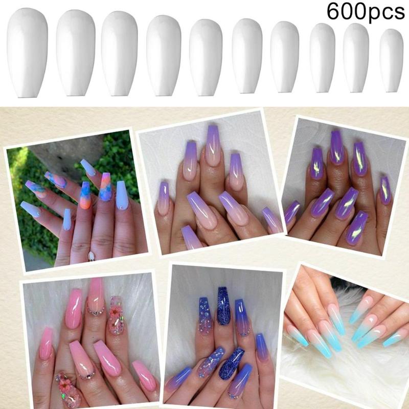 

600Pcs Clear/Natural Long Ballet False Nail Tips Fingernail DIY Manicure Decor Fake Nail Tips Beauty Art Tools, Transparent