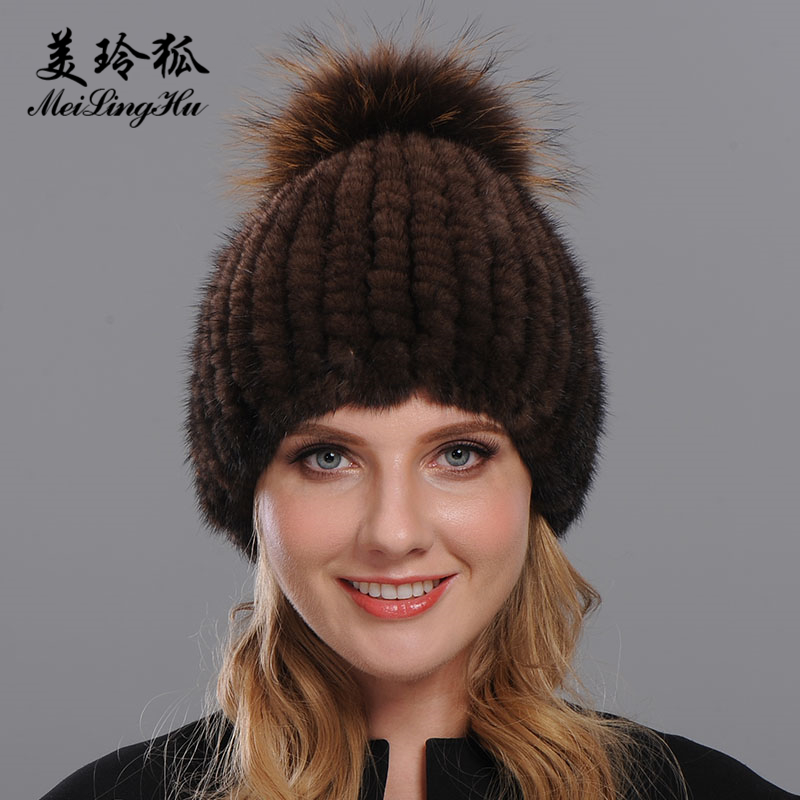

New Brand Real Mink Hat for Women Winter Hand Cross Woven Natural Genuine Fur Beanies Lady Girl Cap Top Raccoon Fur Pom Poms, Color 3