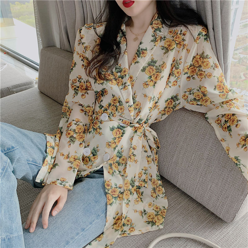 

Chiffon Floral Women Blouses Long Sleeve Notched Collar Shirts Double Breasted Sashes Loose Waist Blusas New Korean Fashion Tops, Pic color