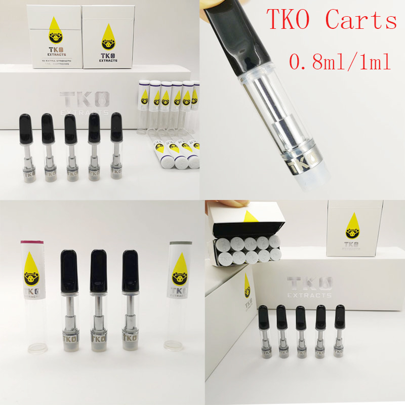 

0.8ml TKO Extracts Carts Vape Cartridges Packaging Thick Oil Atomizers Empty Ceramic Coil Cartridge Black Drip Tip Glass Tank 510 Vaporizers
