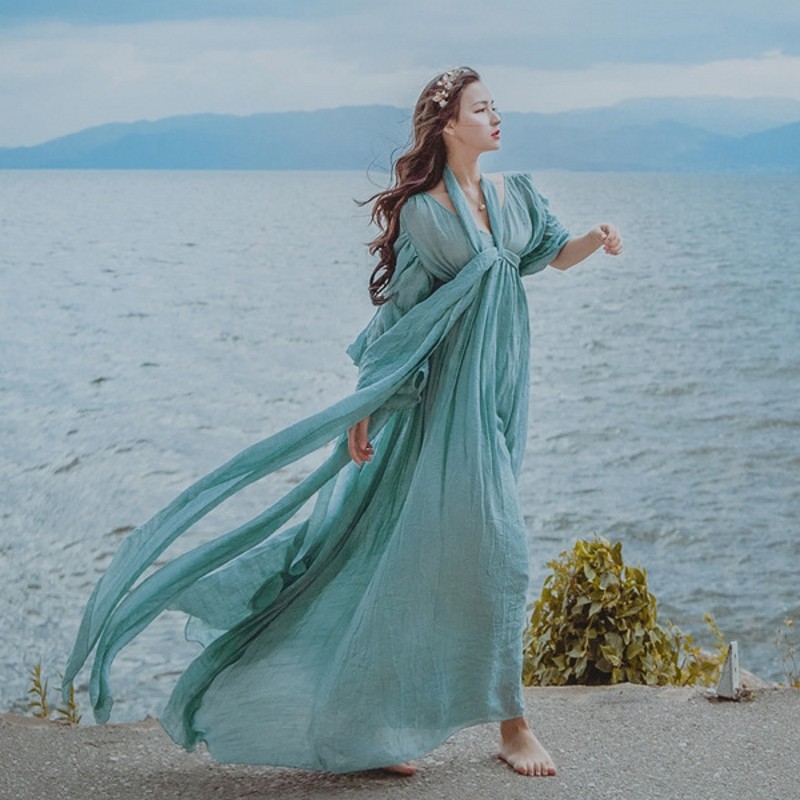 

2020 Summer Woman Long Dress Party High Quality Elegant Cotton And Linen Maxi Dress Bohemian Beach Style V-neck Loose Dresses, As photo