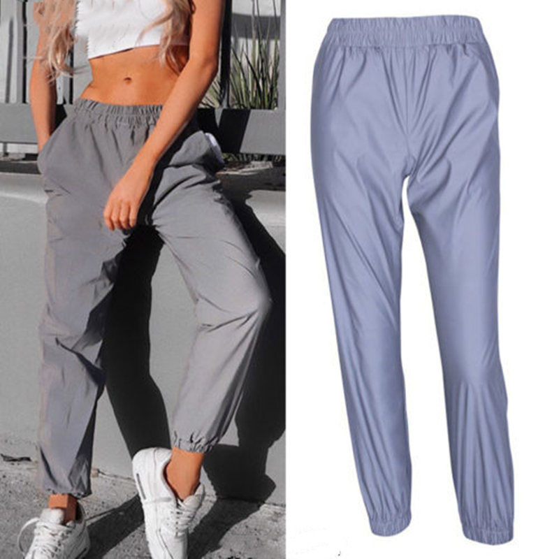 

Fashion Reflective Joggers Gray Cargo Pants Women High Waist Solid Color Club Hip Hop Sport Casual Trousers Sweatpants Steetwear, As pic