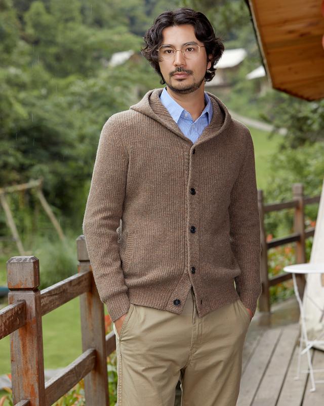 

Zhili Men' Knit Thick 100% Merino Wool Button Down Cardigan with Hooded, Brown