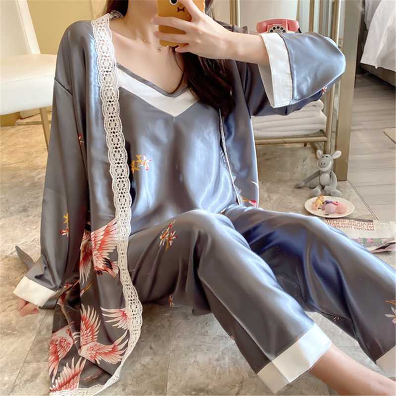 

Ladies nightgown three-piece fashion 2020 autumn new long-sleeved home wear with chest pad lace sexy nightwear camison mujer, Sling