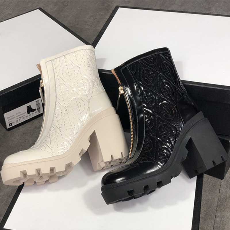 

Women Designers Boots 100% leather zipper ankle boots Platform Martin Desert Boot chunky heel winter shoes 35-42 big size with box, Black